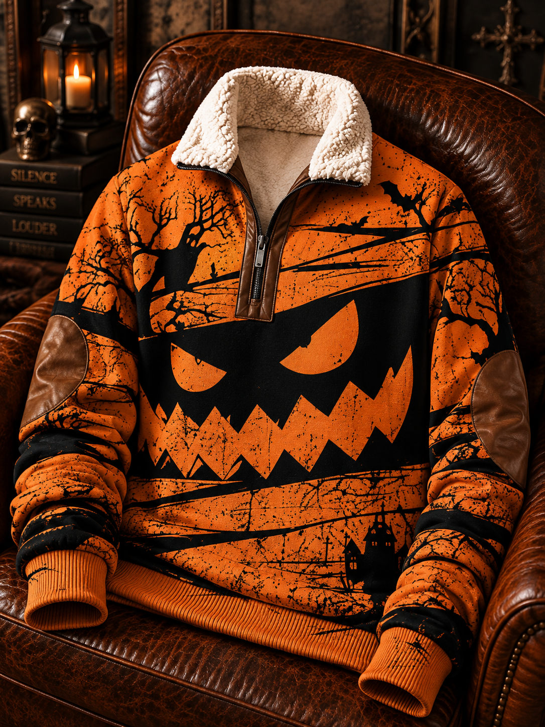 Men's Gothic Art Print Jacquard Fabric Zipper Fur Collar Long Sleeve Sweatshirt